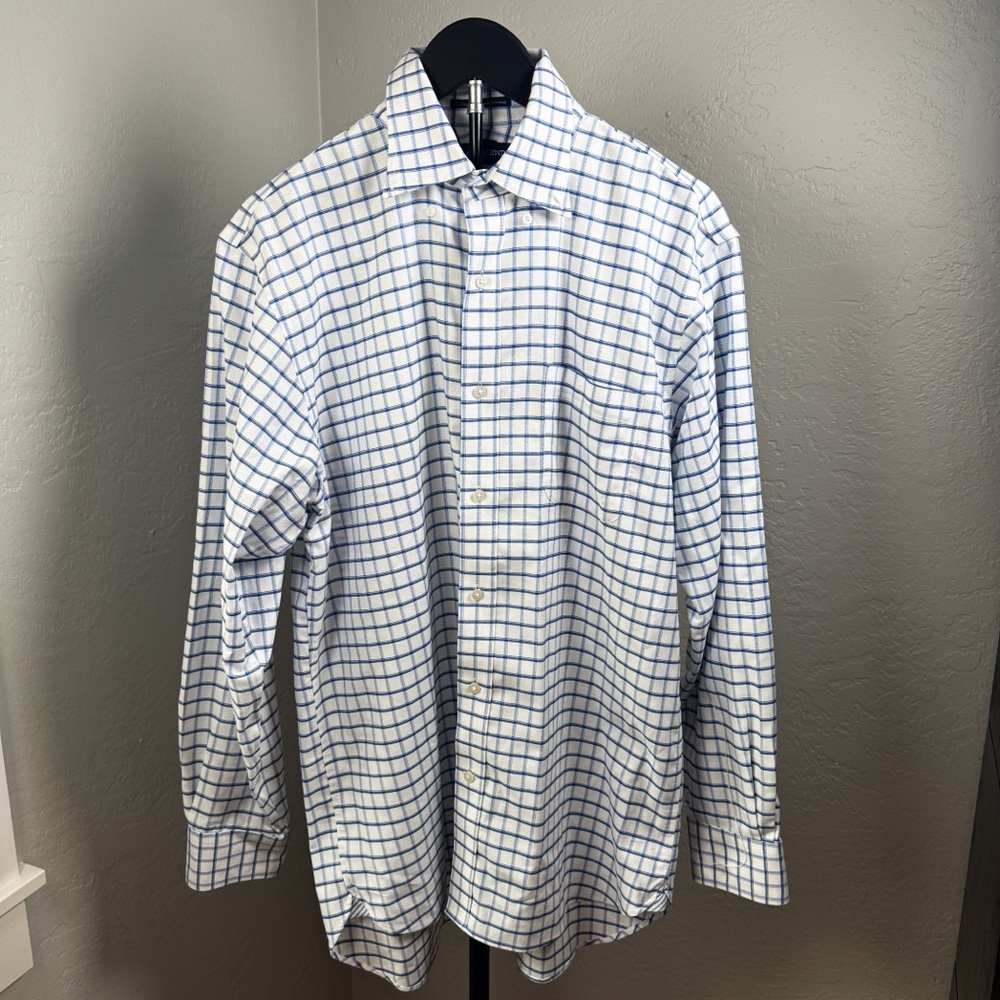 Lands’ End Supima No Iron Oxford Blue Windowpane Shirt Size 15.5 34
